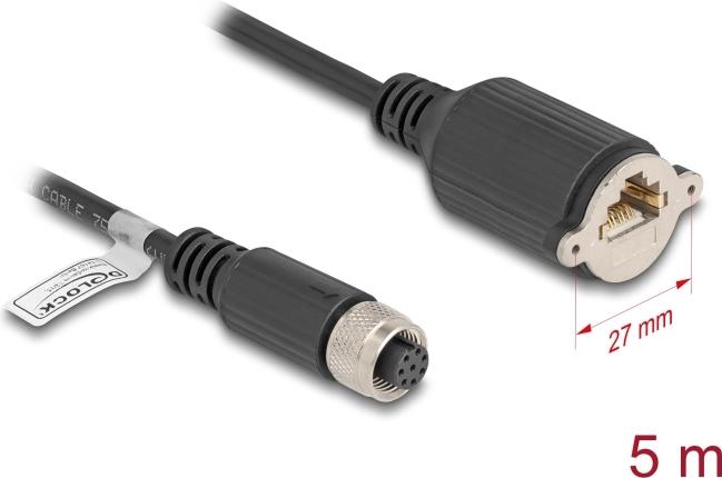 Delock M12 Kabel A-kodiert 8 Pin Buchse zu RJ45 zum Einbau Cat.5e FTP 5 m (80440)