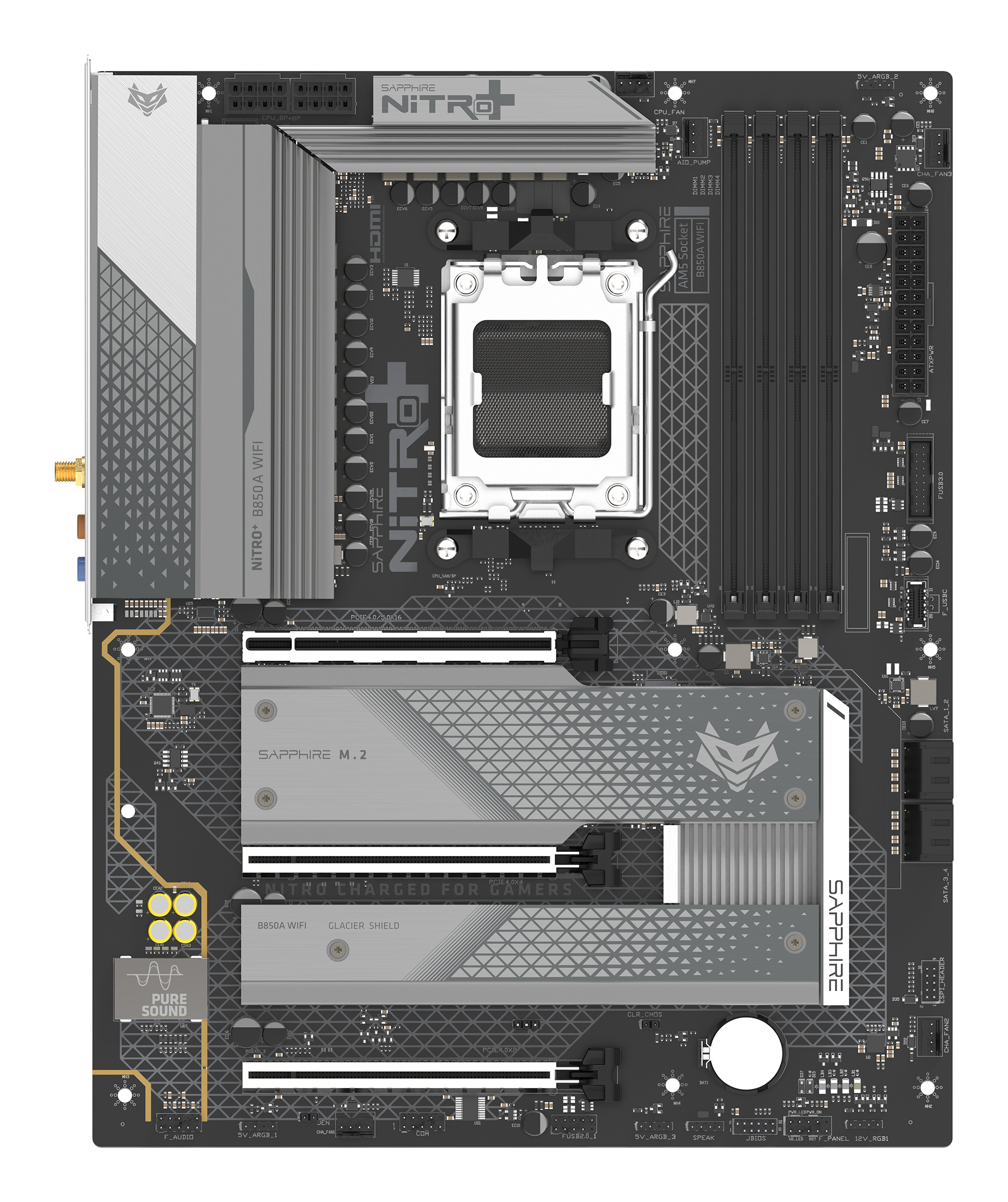 Sapphire NITRO+ B850A WIFI 7 Mainboard ATX Socket AM5 Schwarz, Grau