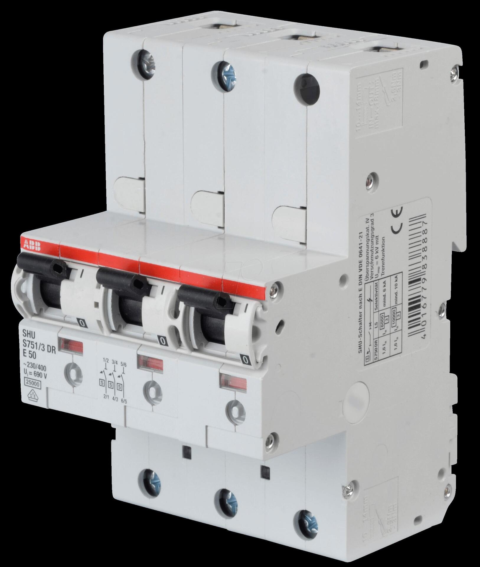 ABB S751/3DR-E50 - Hauptsicherungsautomat, selektiv, 50 A, 3 x 1 (S751/3DR-E50)