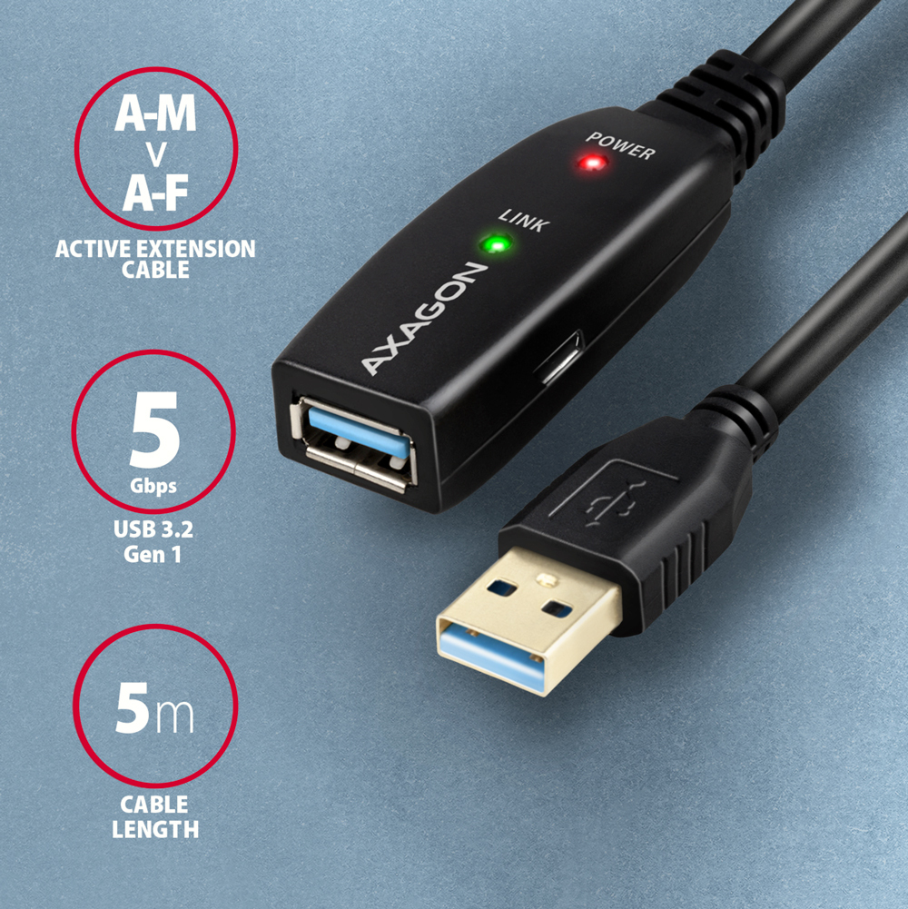 AXAGON ADR-305 USB 3.2 Gen 1 Aktives USB-Verlängerungskabel 5 m Schwarz