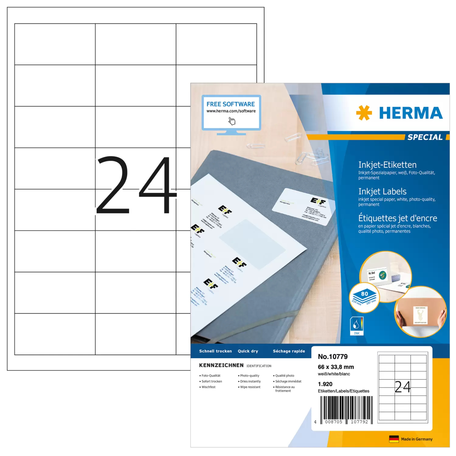 HERMA Etikett 10779 66 x 33,8 mm 1920 Etiketten A4 Weiß