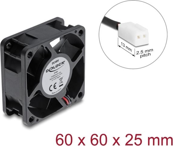 Delock Axiallüfter 48 V DC, 60 x 60 x 25 mm mit 2 Pin Lüfteranschluss schwarz (67445)