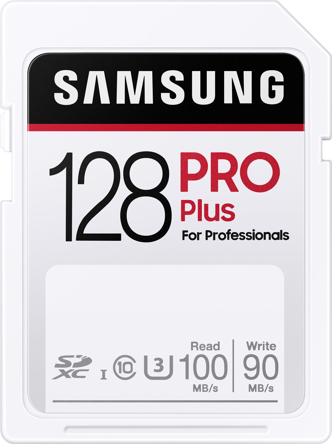 Samsung PRO Plus. Kapazität: 128 GB, Flash Card Typ: SDXC, Flash-Memory-Klasse: Klasse 10, Interner Speichertyp: UHS-I, Lesegeschwindigkeit: 100 MB/s, Schreibgeschwindigkeit: 90 MB/s, UHS Speed Klasse: Class 3 (U3). Schutzfunktion: Kältebeständig, Hitzebeständig, Magnetsicher, Splitterfrei, Wasserdicht, Röntgensicher (MB-SD128H/EU)