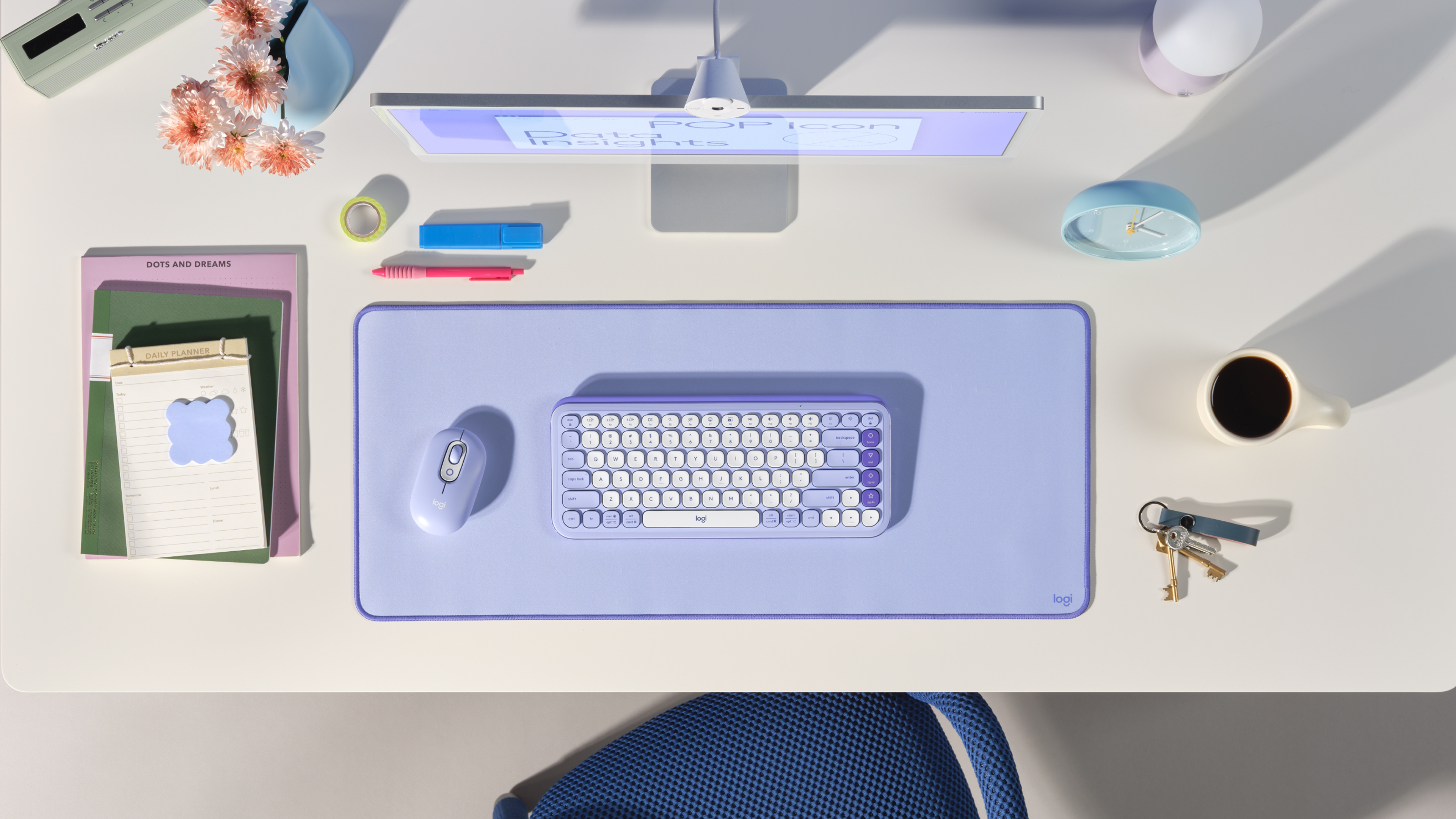 Logitech POP Icon Combo Kabelloses Tastatur-und-Maus-Set Bluetooth LE QWERTY US International Fliederfarben, Off-White