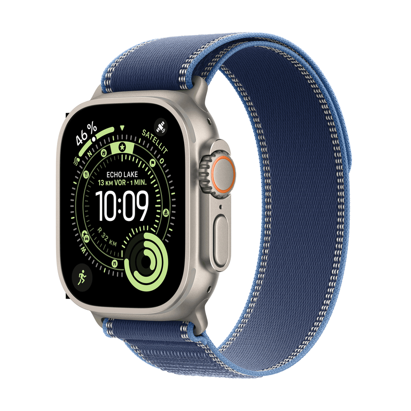 Apple Watch Ultra 3 GPS + Cellular 49mm Natural Titanium Case with Blue/Bright Blue Trail Loop - M/L, Model A3281 EU-Version (MEWU4QR/A)