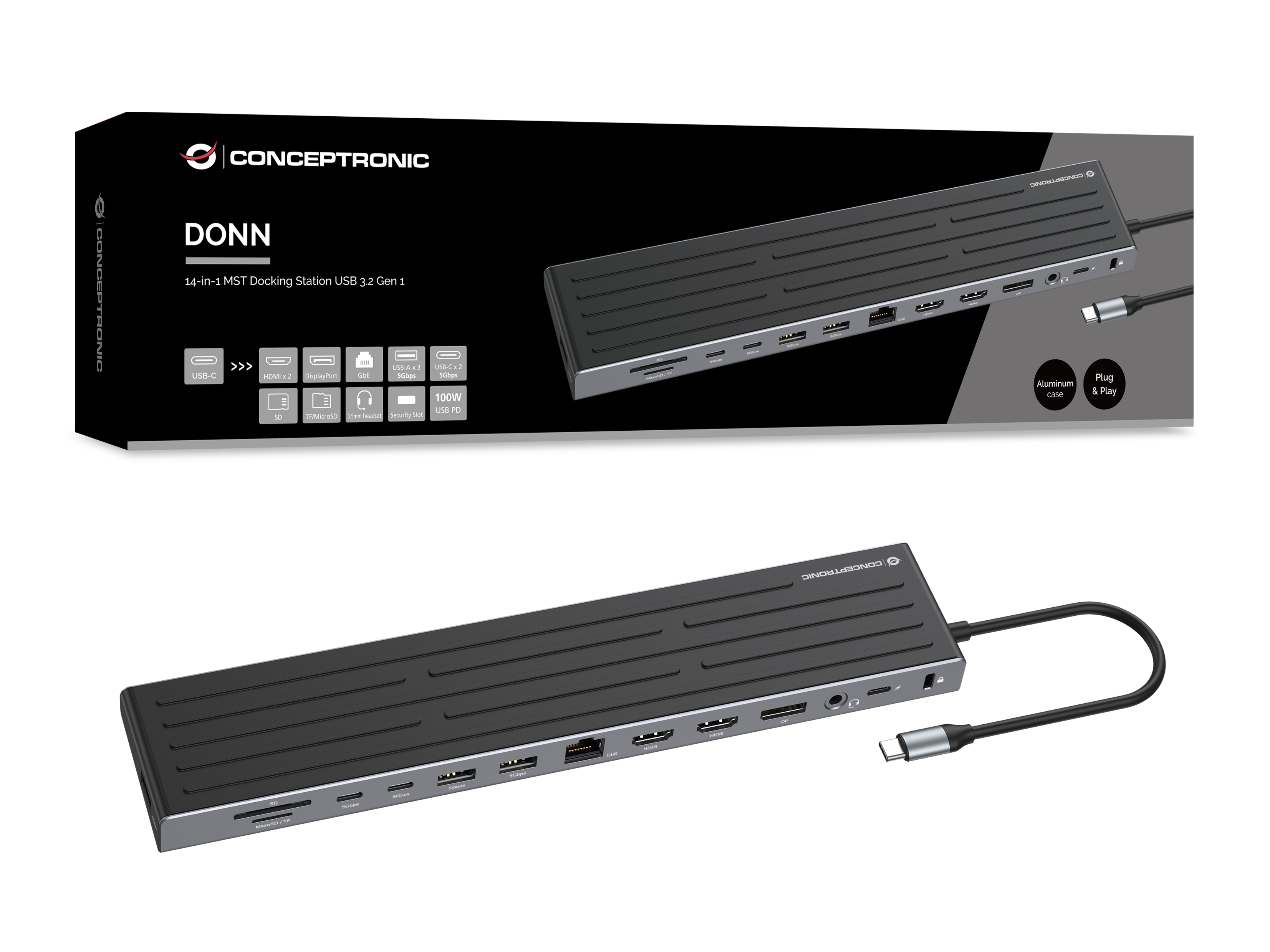 Conceptronic DONN32B 14-in-1 Dockingstation USB-C 2x HDMI DisplayPort 100W PD Grau, Silber