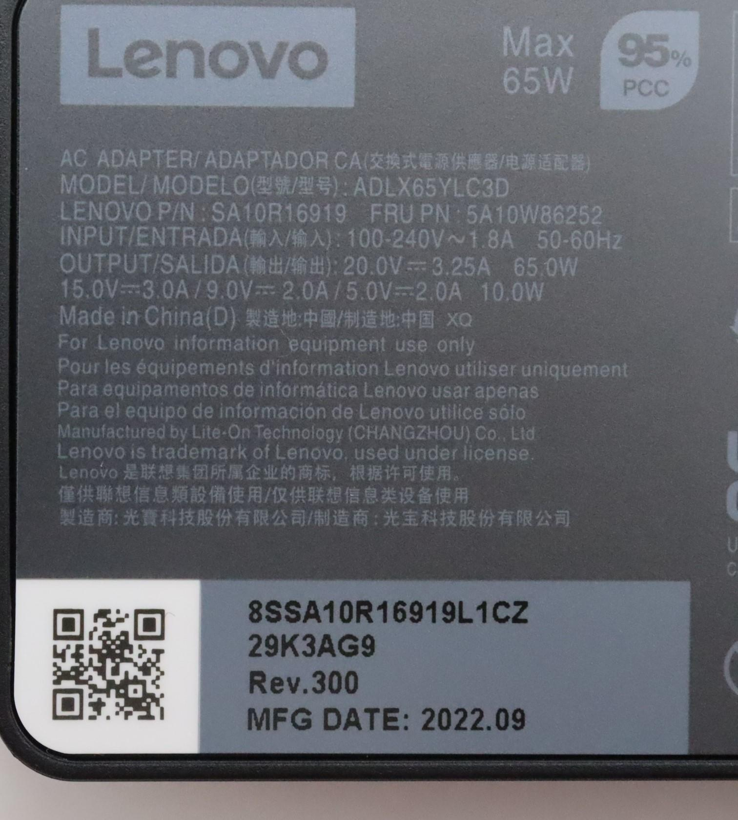 Lenovo USB-C Netzteil 65 W PD 20/15/9/5 V Schwarz