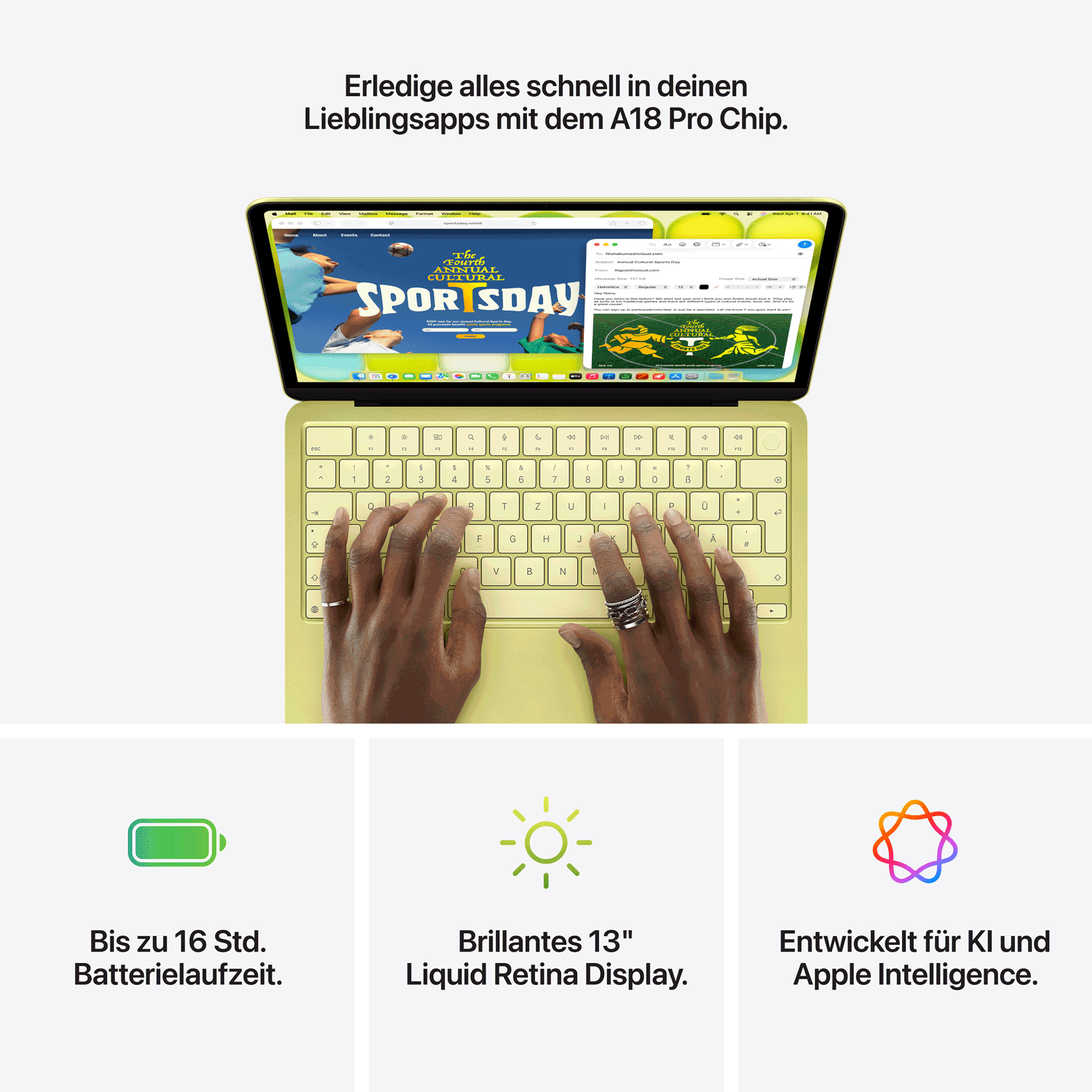 Apple 13'' MacBook Neo: Apple A18 Pro Chip mit 6‑core CPU und 5‑core GPU, 8GB, 512GB SSD, Touch ID - Silber