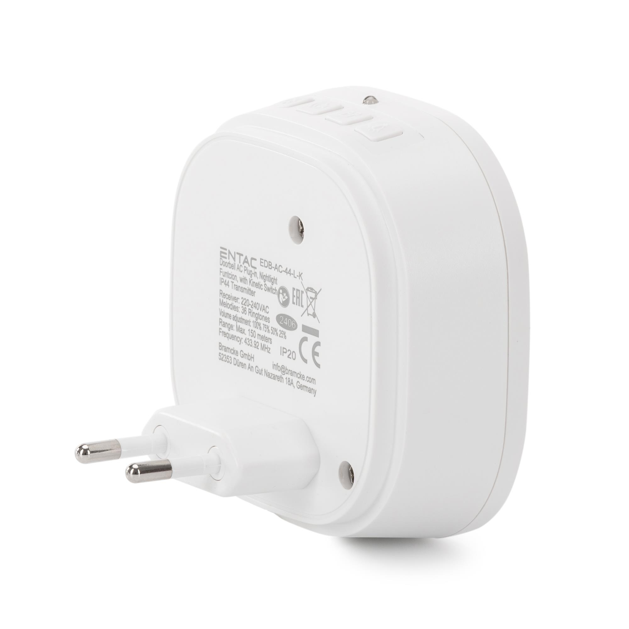ENTAC Türklingel AC Plug-in Nachtlicht Kinetischer Schalter 150 m IP44 Weiß