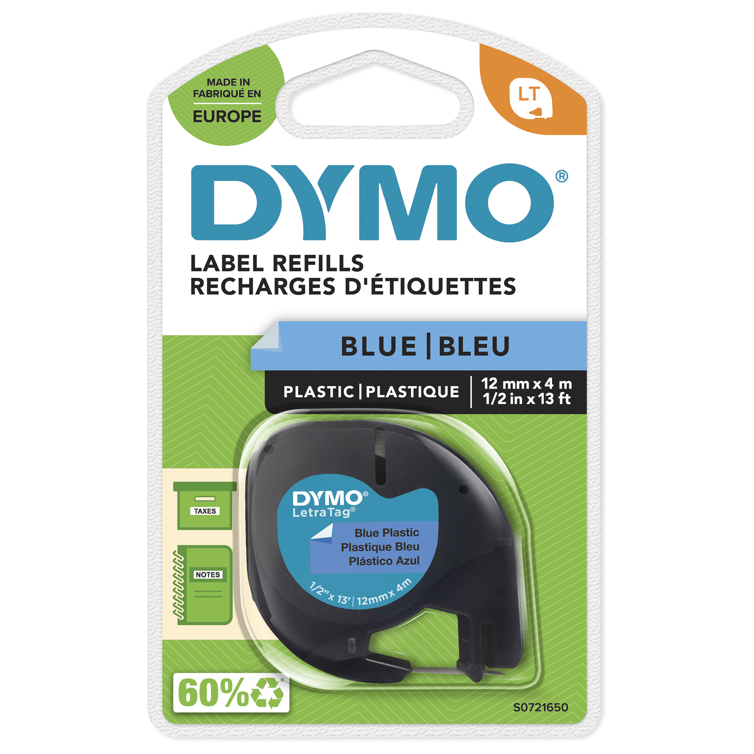 DYMO LetraTag S0721650 Etikettenband 12 mm x 4 m Schwarz auf Blau