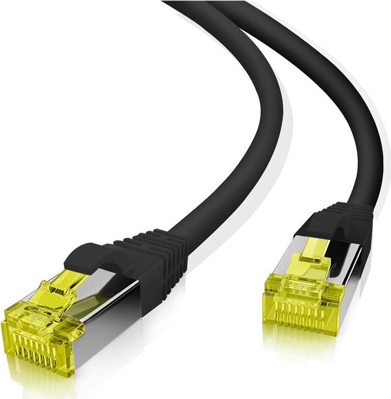 Helos Patchkabel S/FTP Cat 6a schwarz 8,0m 4 x 2 x AWG 26, geschirmt , 100% Vollkupfer , Cat 6a, 500 MHz , GHMT & 3P zertifiziert , flexibler halogenfreier LSZH-Mantel , Schmale Knickschutztülle und Rastnasenschutz , mit Längenbezeichnung , 10-Gigabit geeignet , PoE- und PoE plus-fähig , umweltfreundliche Umverpackung ,  Normen: (338729)