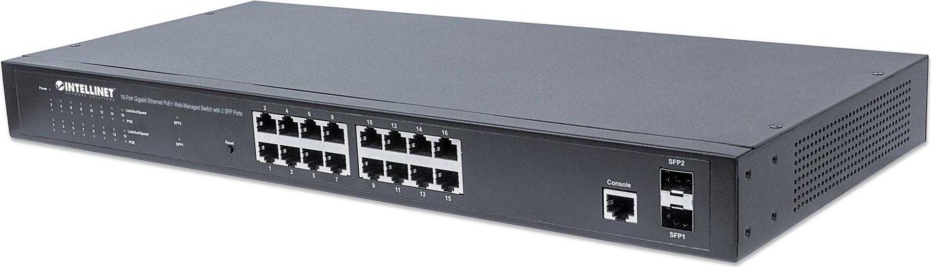 Intellinet 16-Port Gigabit Ethernet PoE+ Web-Managed Switch mit 2 SFP-Ports Schwarz