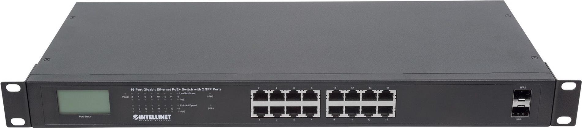 Intellinet 16-Port Gigabit Ethernet PoE+ Switch mit 2 SFP Ports LCD Display Schwarz