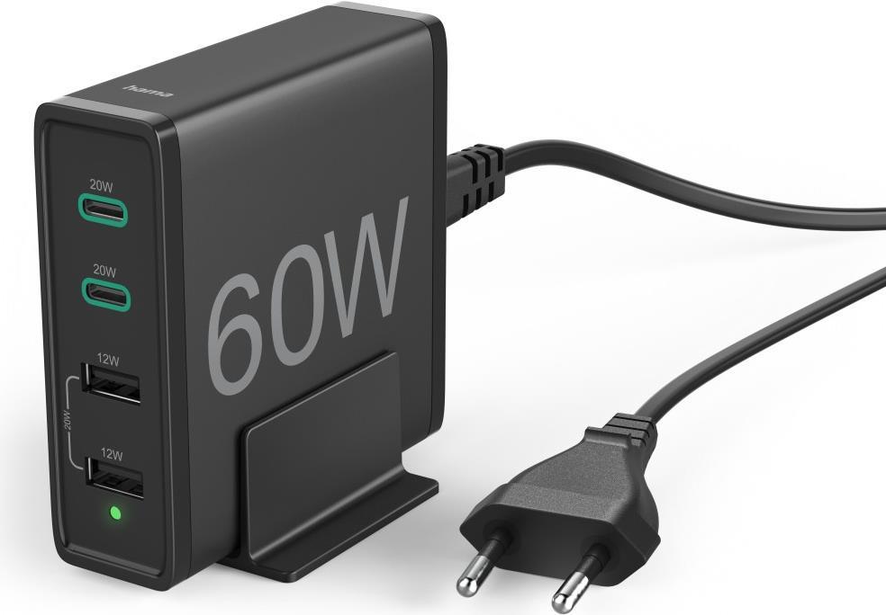 Hama Ladestation, 60 Watt, 4-fach (2x PD/QC USB-C, 2x USB-A), Schwarz (00201628)