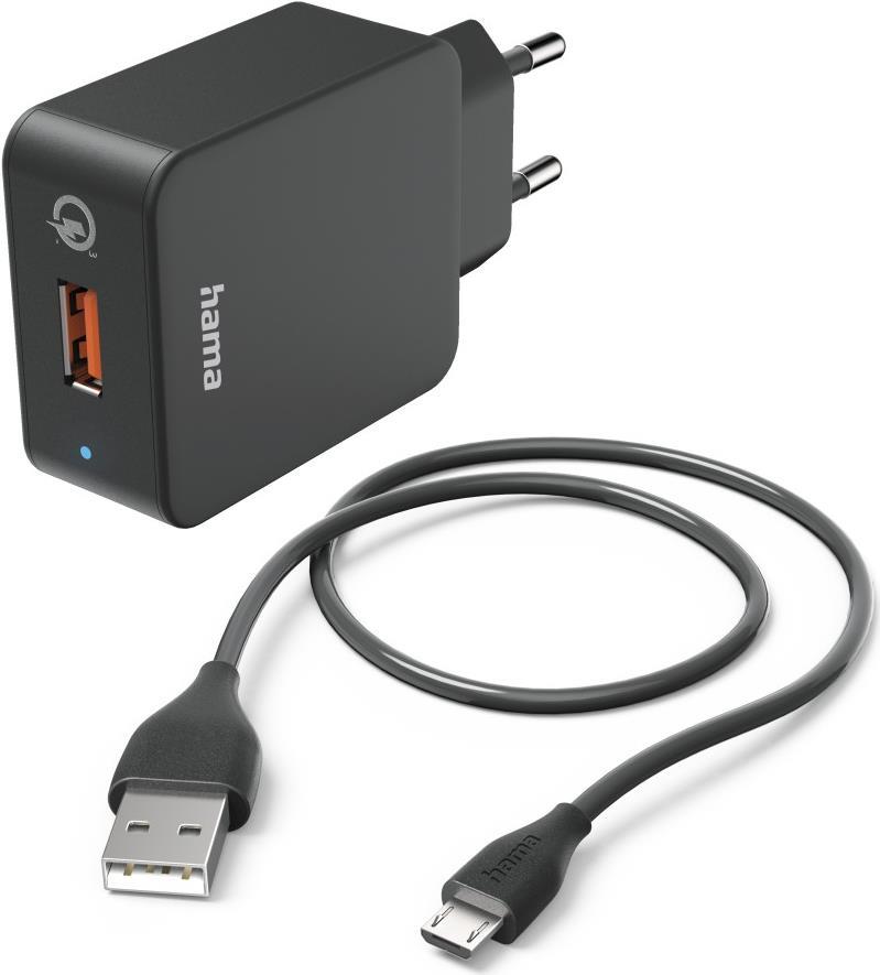 Hama Schnellladegerät mit Ladekabel Micro-USB, Qualcomm®, 19,5 W, 1,5 m, Schwarz (00201621)