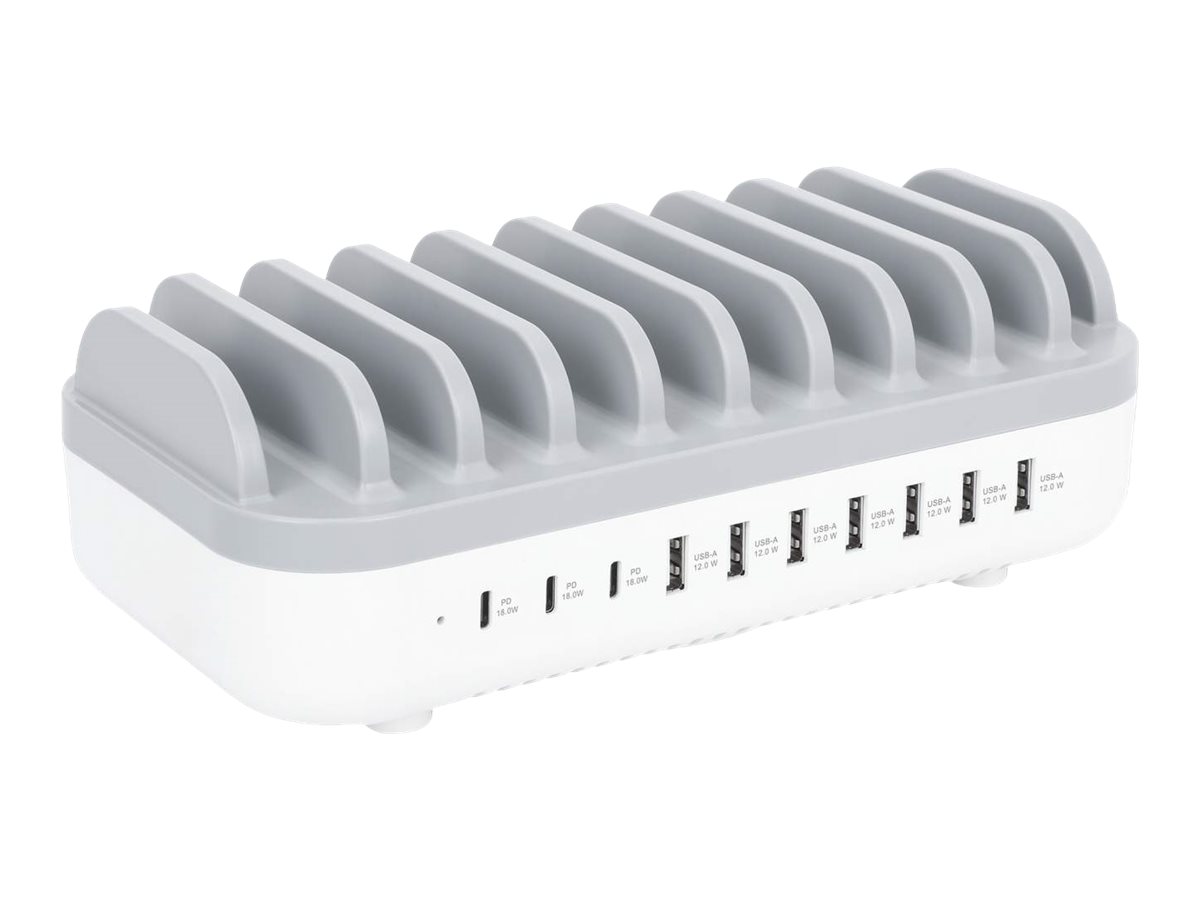 Manhattan 10-Port USB-Ladestation 120 W, 3x USB-C PD, 7x USB-A, Grau/Weiß