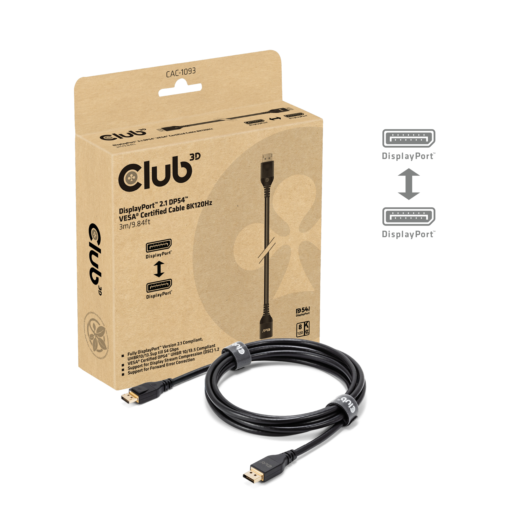 Club 3D CAC-1093 DisplayPort 2.1 DP54 Kabel 3 m Schwarz