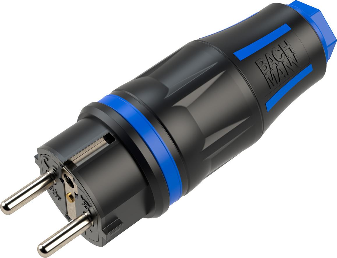 BACHMANN Profi-Schutzkontaktstecker CEE7/7, gummiert, IP54, schwarz / blau (BM0017347)