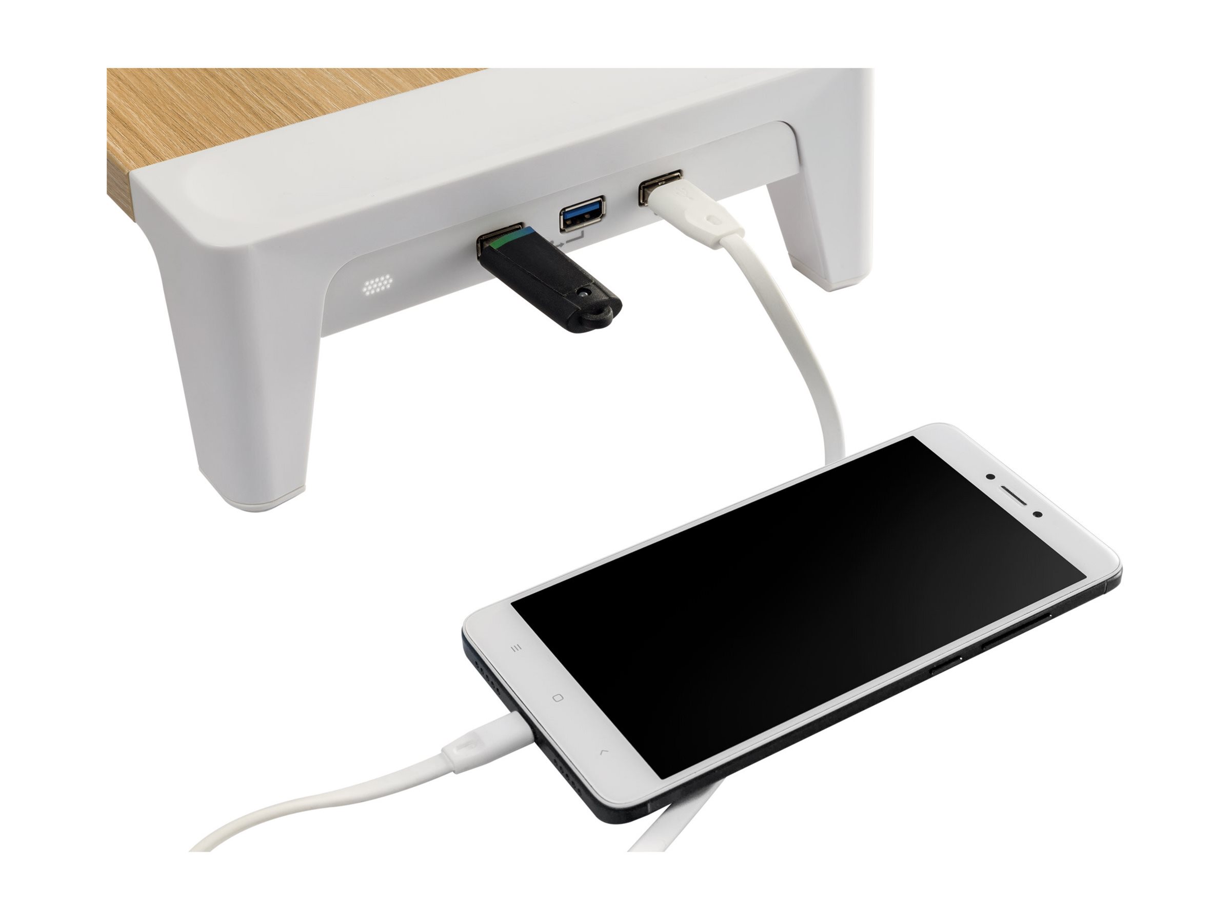InLine Monitor Podest+ Monitorständer mit 2x USB 3.2 Gen1 und QC3, 80 mm, max. 15 kg, Braun/Weiß