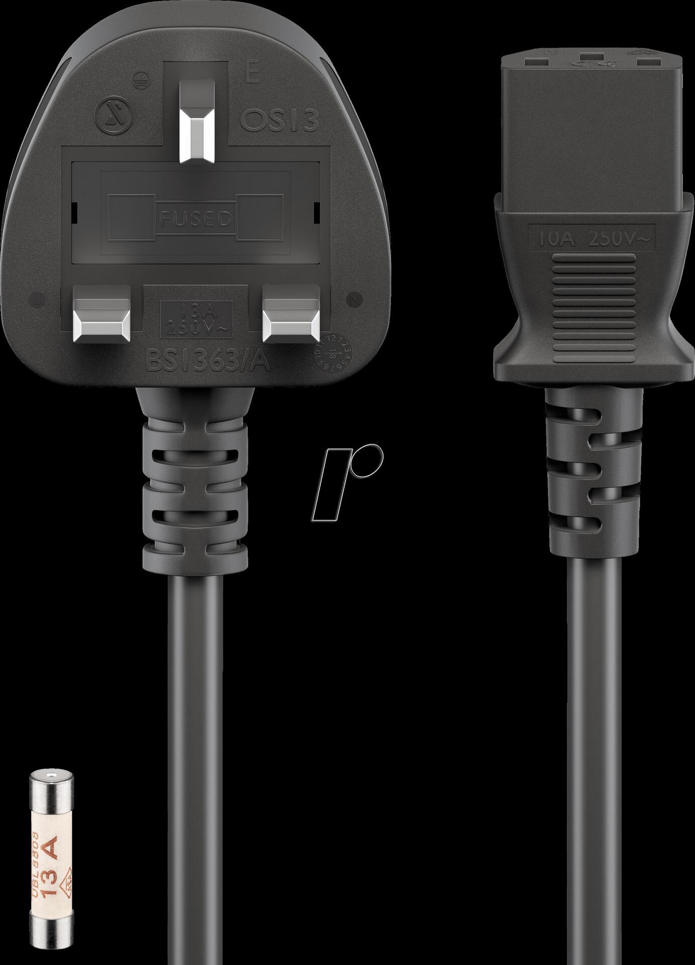 Goobay Kaltgerätekabel Großbritannien, 1,5 m, Schwarz, 1.5 m - Großbritannien 3-Pin-Stecker (Typ G, BS 1363) > Gerätebuchse C13 (Kaltgeräteanschluss) (45754)