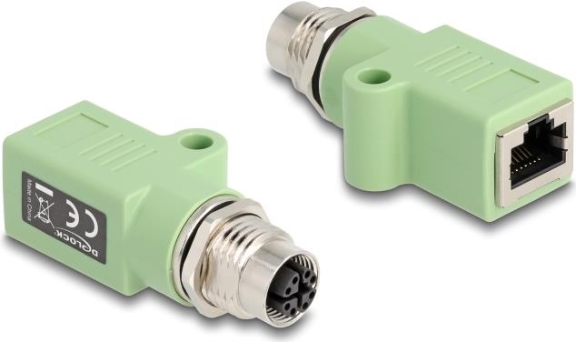 Delock M12 Adapter X-kodiert 8 Pin Buchse zu RJ45 Buchse Cat.5e mit Befestigungsloch gerade grün (60682)