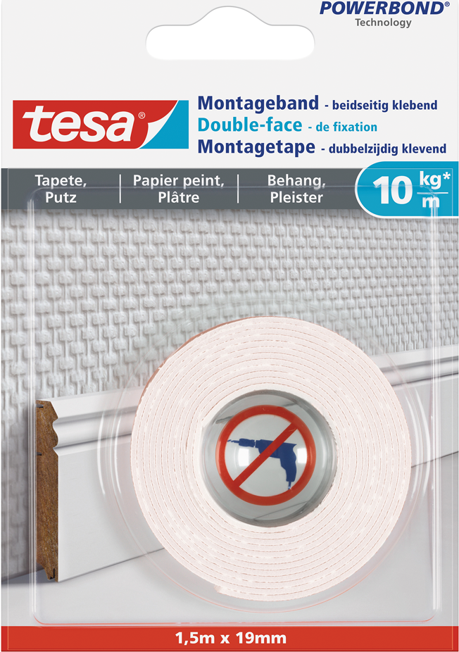 TESA Montageband, 1,5m x 19mm, für Tapeten und Putz, bis zu 10kg/m, weiß