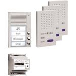 TCS pre:Pack Audio, Aufputz, PPAF03-EN/02, 3 Tasten pre:pack3 zum hörerlosen Freisprechen Aufputz bestehend aus 3 bereits vorkonfigurierten TCS-Grundkomponenten: 1x Außenstation PAK01-EN/P, 3x Innenstation ISW3030-0140 (vorkonfiguriert), 1x Versorgungs- und Steuergerät BVS20-SG (PPAF03-EN/02)