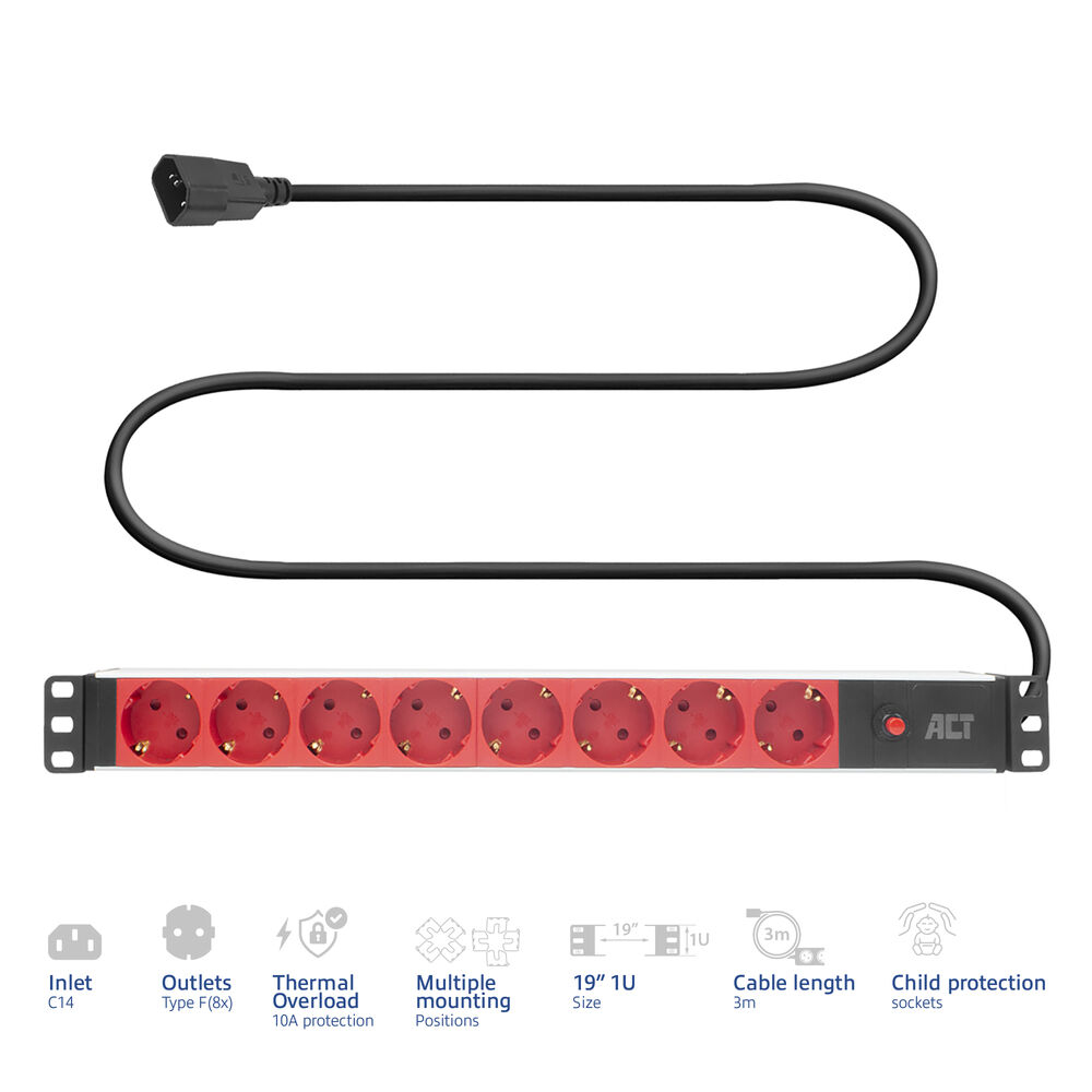 ACT PDU 19" Steckdosenleiste 8x Typ F C14 3m H05VV-F 2500W Schwarz, Rot