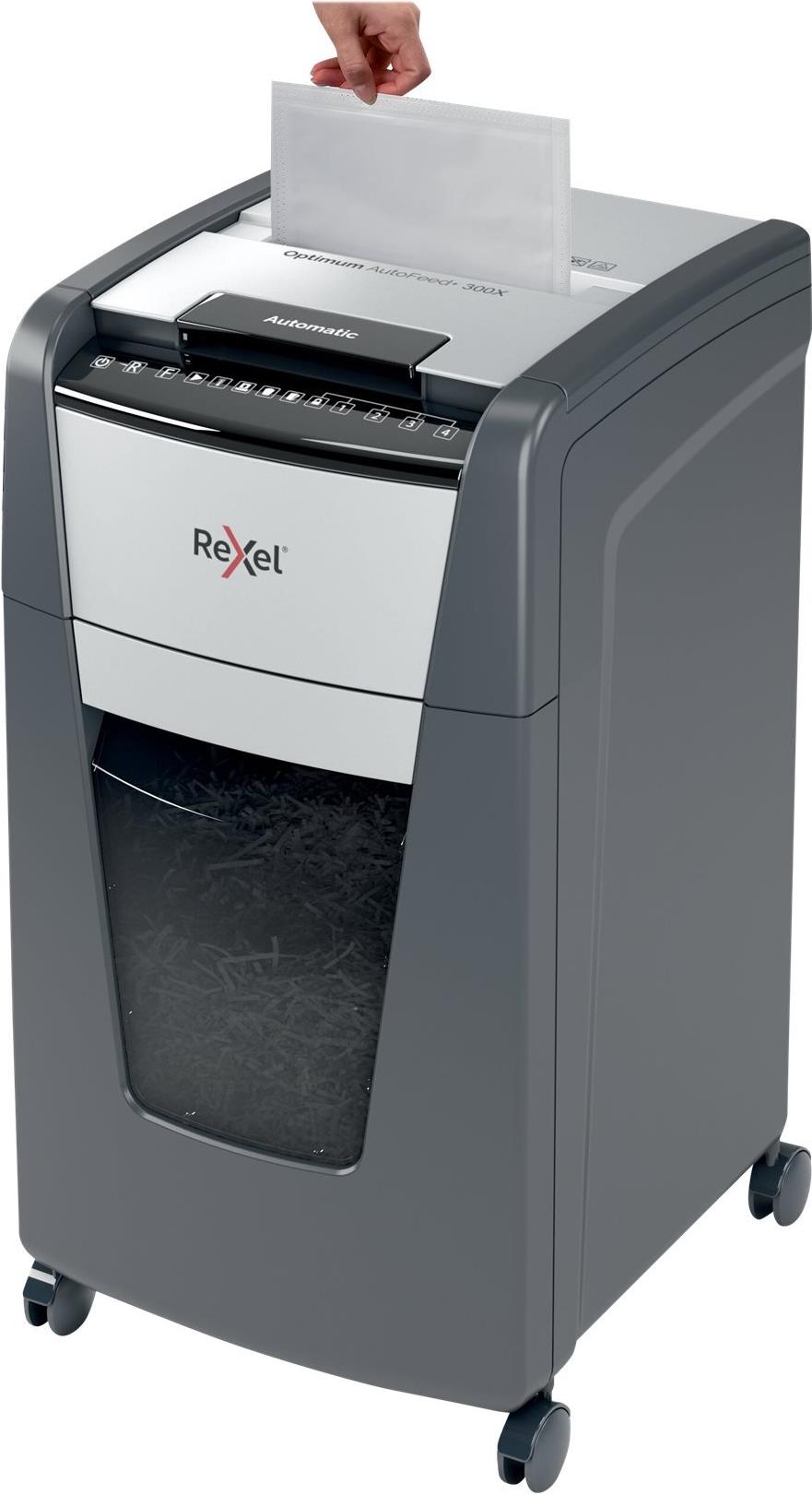 Rexel Optimum AutoFeed+ 300X Aktenvernichter 300 Blatt 4 x 25 mm Kreuzschnitt Schwarz, Grau