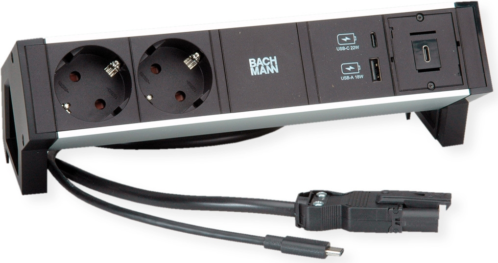 Bachmann DESK2 ALU BLACK 2xCEE7/3 1.0m 1xUSBCharger A/C 22W 1xUSB C (937.3410)