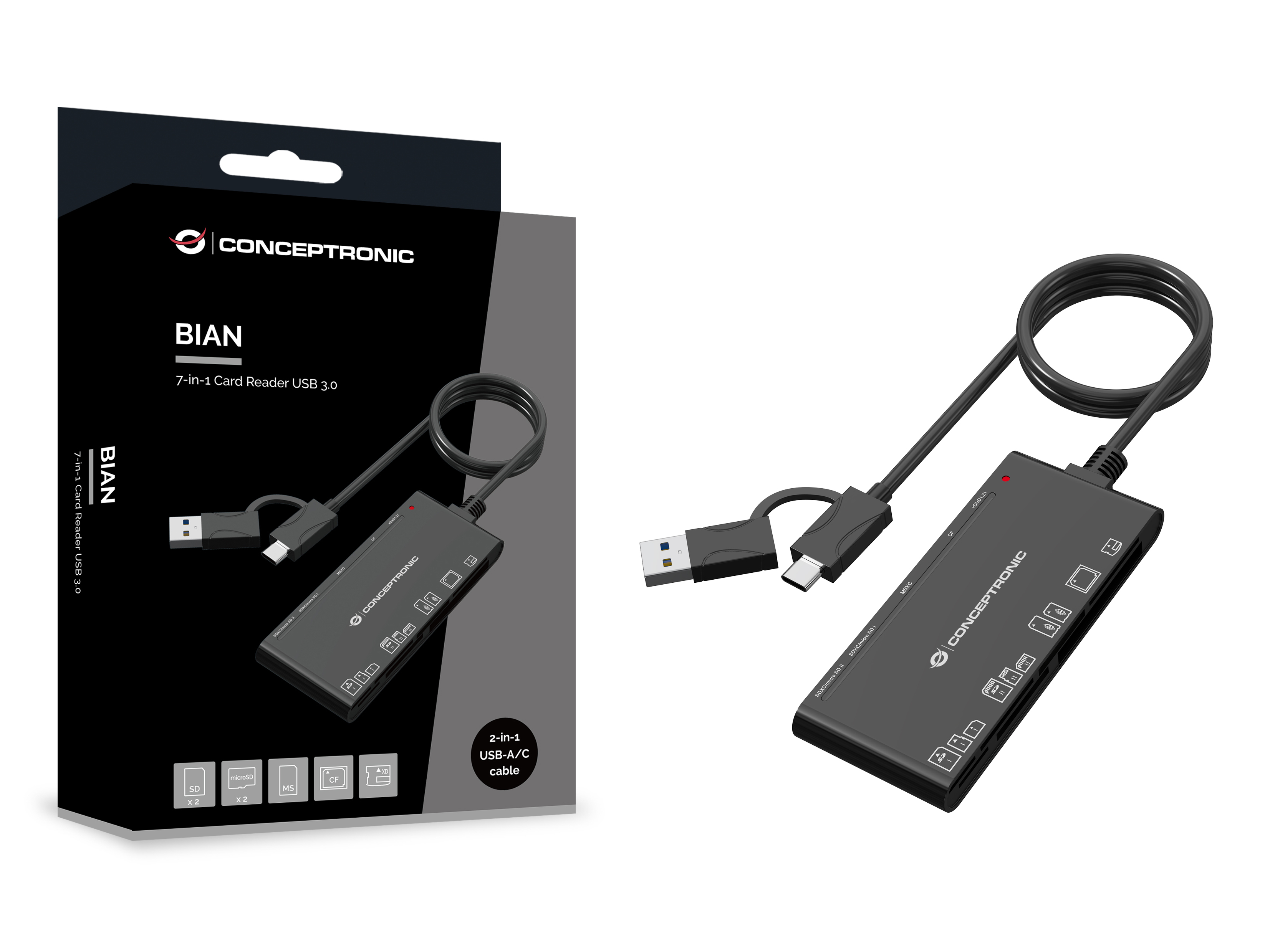 Conceptronic BIAN10B 7-in-1 Kartenleser USB 3.2 Gen 1 Type-A/Type-C Schwarz
