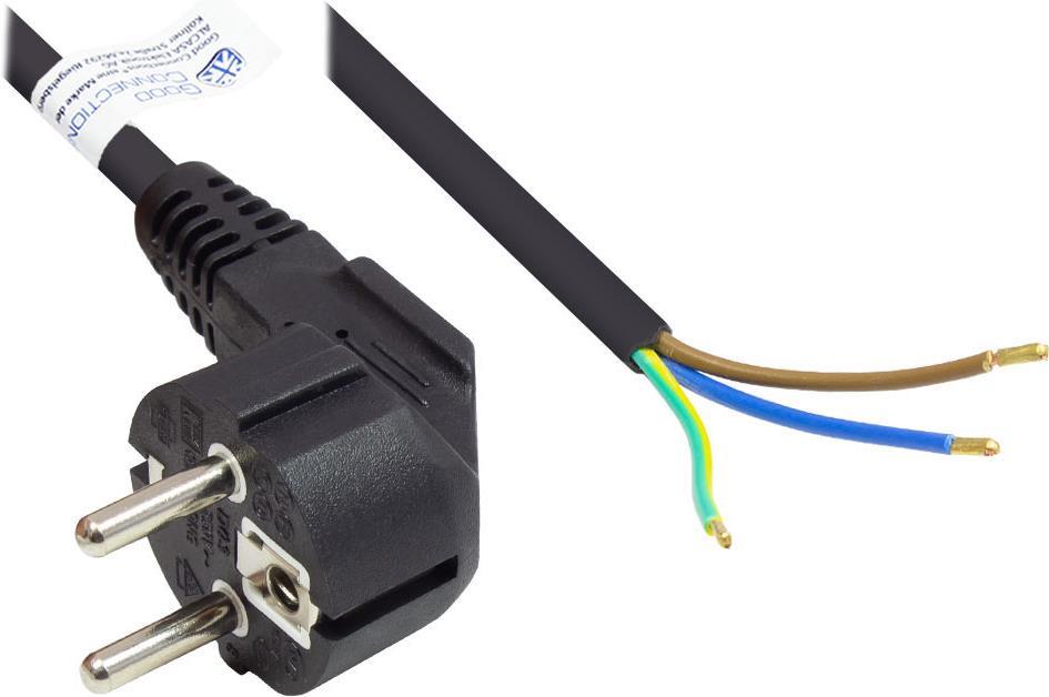 Netzkabel Schutzkontakt-Stecker Typ E+F (CEE 7/7, gewinkelt) an abisolierte Enden, schwarz, 1,00 mm², 5 m, Good Connections® (P0185-S050)