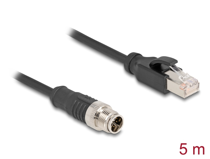 Delock Netzwerkkabel M12 X-kodiert 8-Pin Stecker zu RJ45 Stecker S/FTP CAT 5e PVC 5 m Schwarz