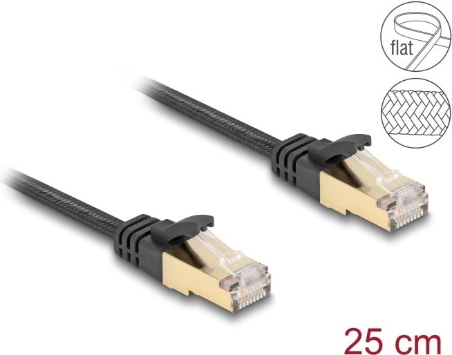 Delock RJ45 Flachband Netzwerkkabel mit Geflechtmantel Cat.6A S/FTP Stecker zu Stecker 0,25 m schwarz (80323)