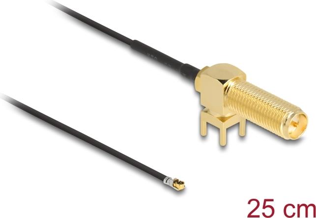Delock Antennenkabel RP-SMA 90° PCB Buchse zum Einbau zu I-PEX Inc., MHF® 4L Stecker 1.13 25 cm Gewindelänge 15 mm (12033)