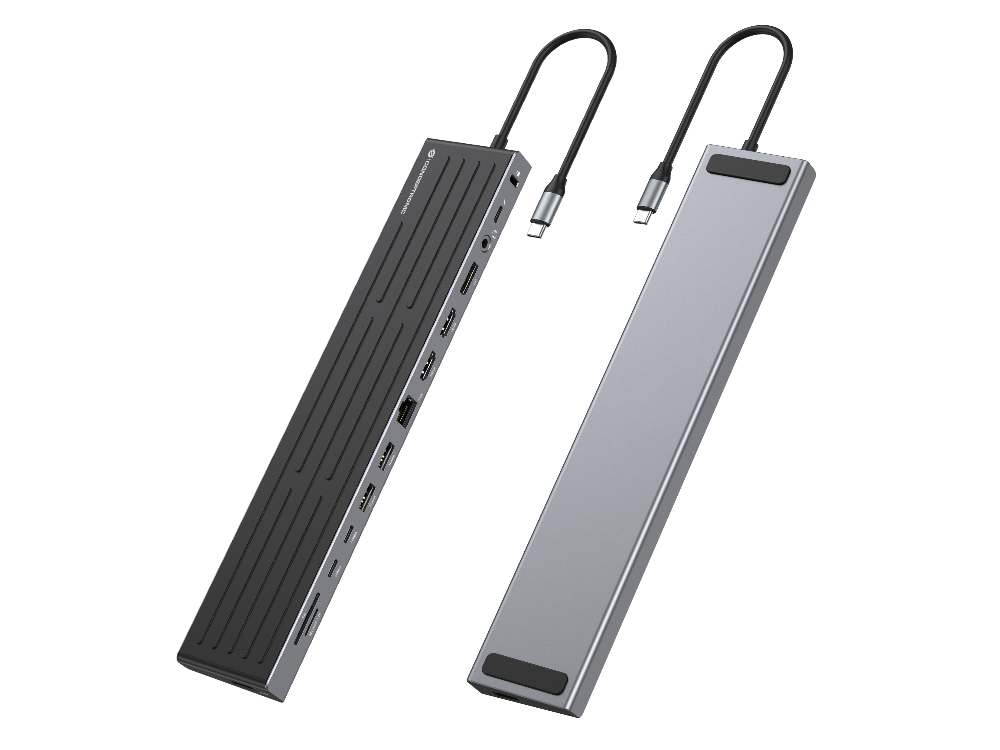 Conceptronic DONN32B 14-in-1 Dockingstation USB-C 2x HDMI DisplayPort 100W PD Grau, Silber