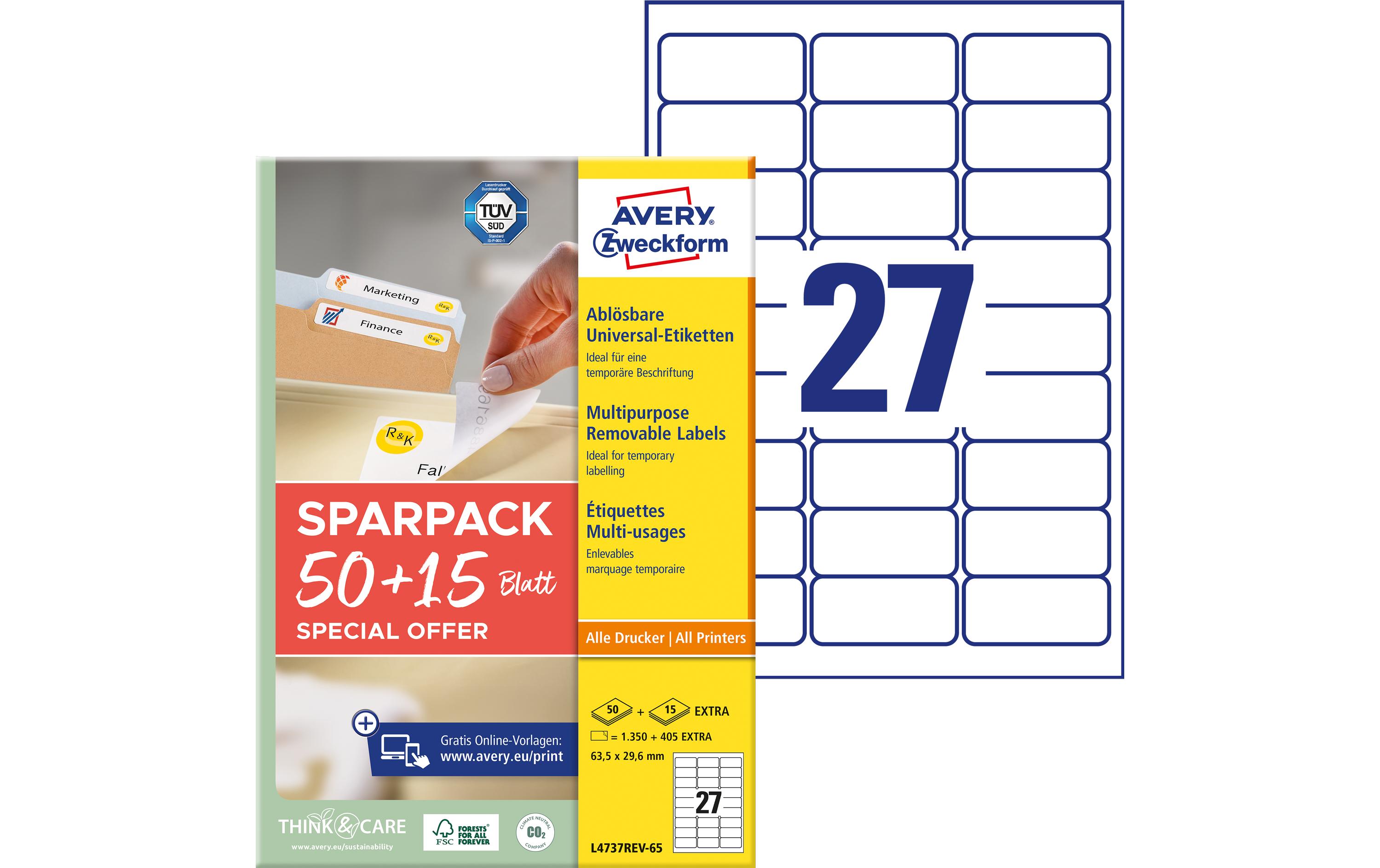 Avery Zweckform L4737REV-65 Universal-Etiketten 63,5 x 29,6 mm A4 Papier Wiederablösbar Weiß