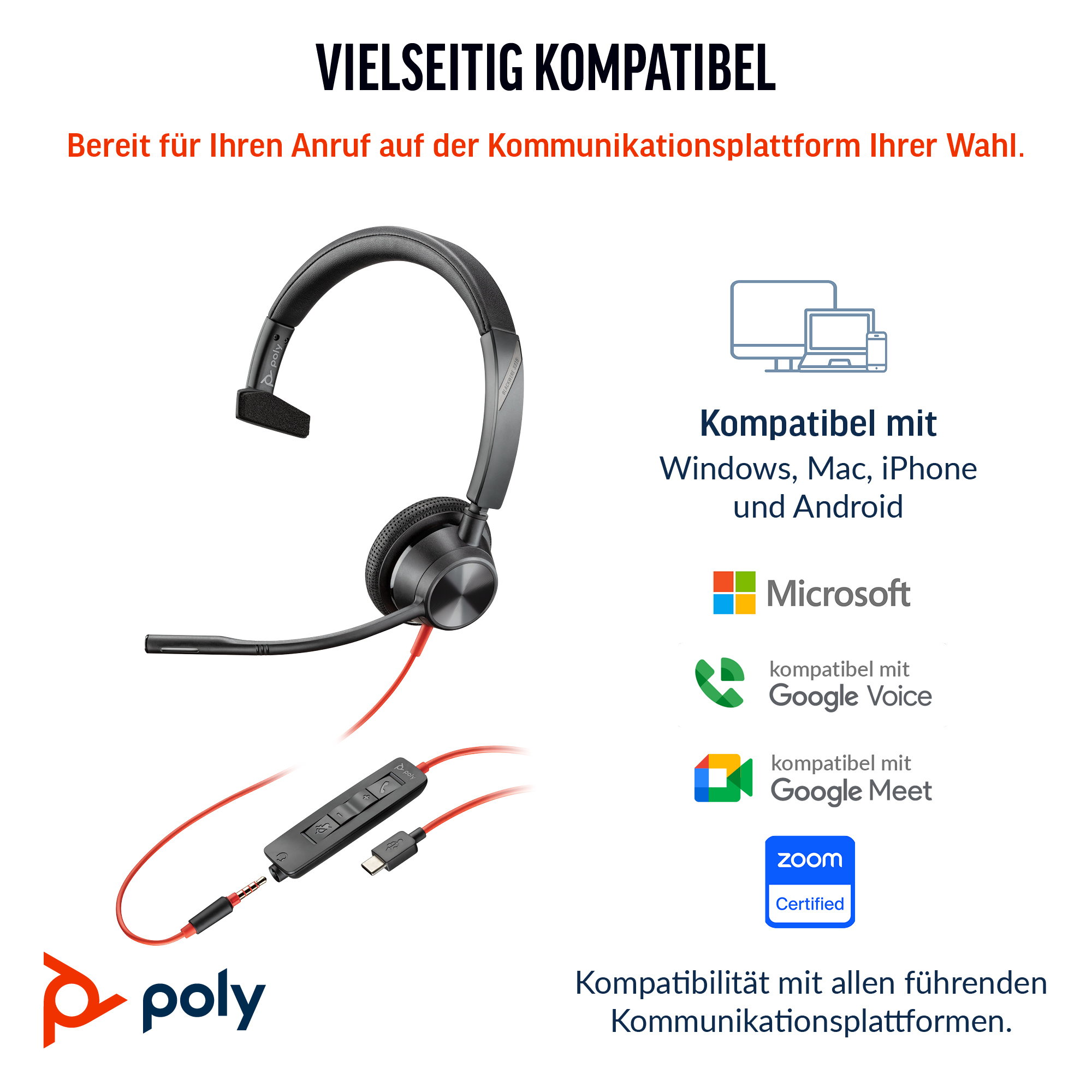 HP Poly Blackwire 3315 On-Ear Headset USB-C 3,5 mm Mono Schwarz
