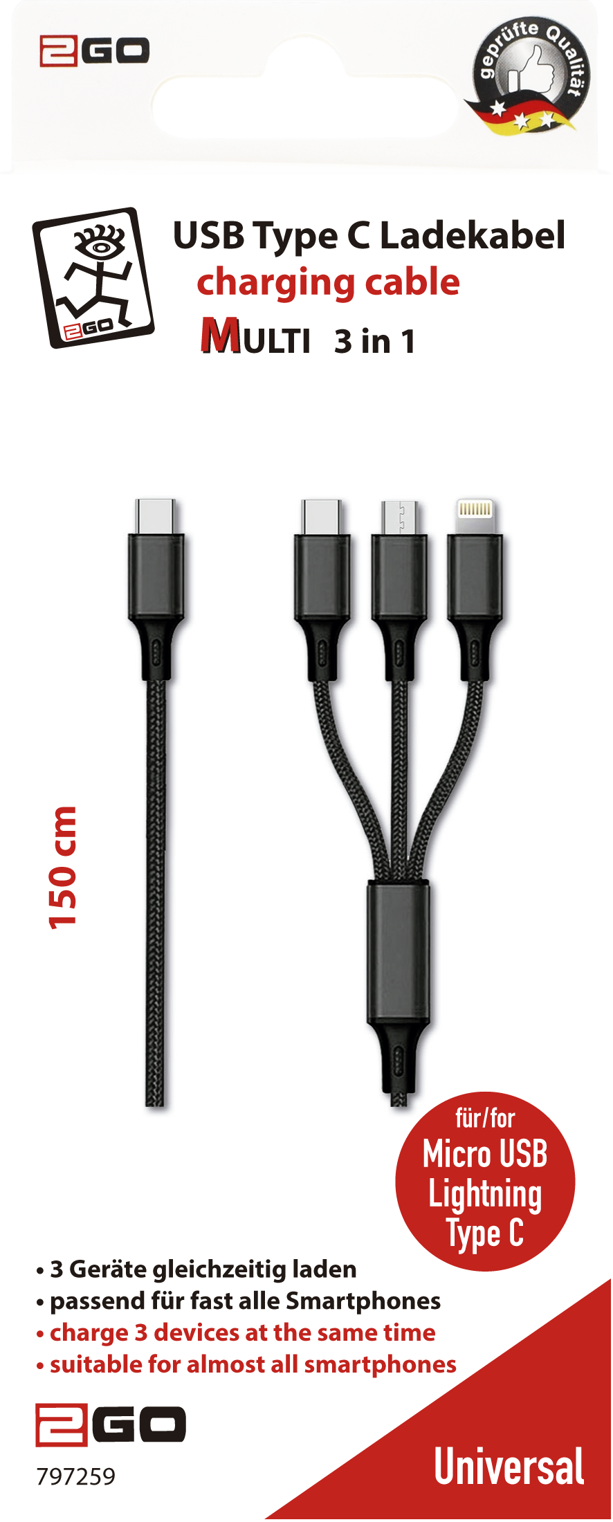 2GO 797259 USB Kabel 1,5 m USB B USB C/Micro-USB B/Lightning Schwarz (797259)