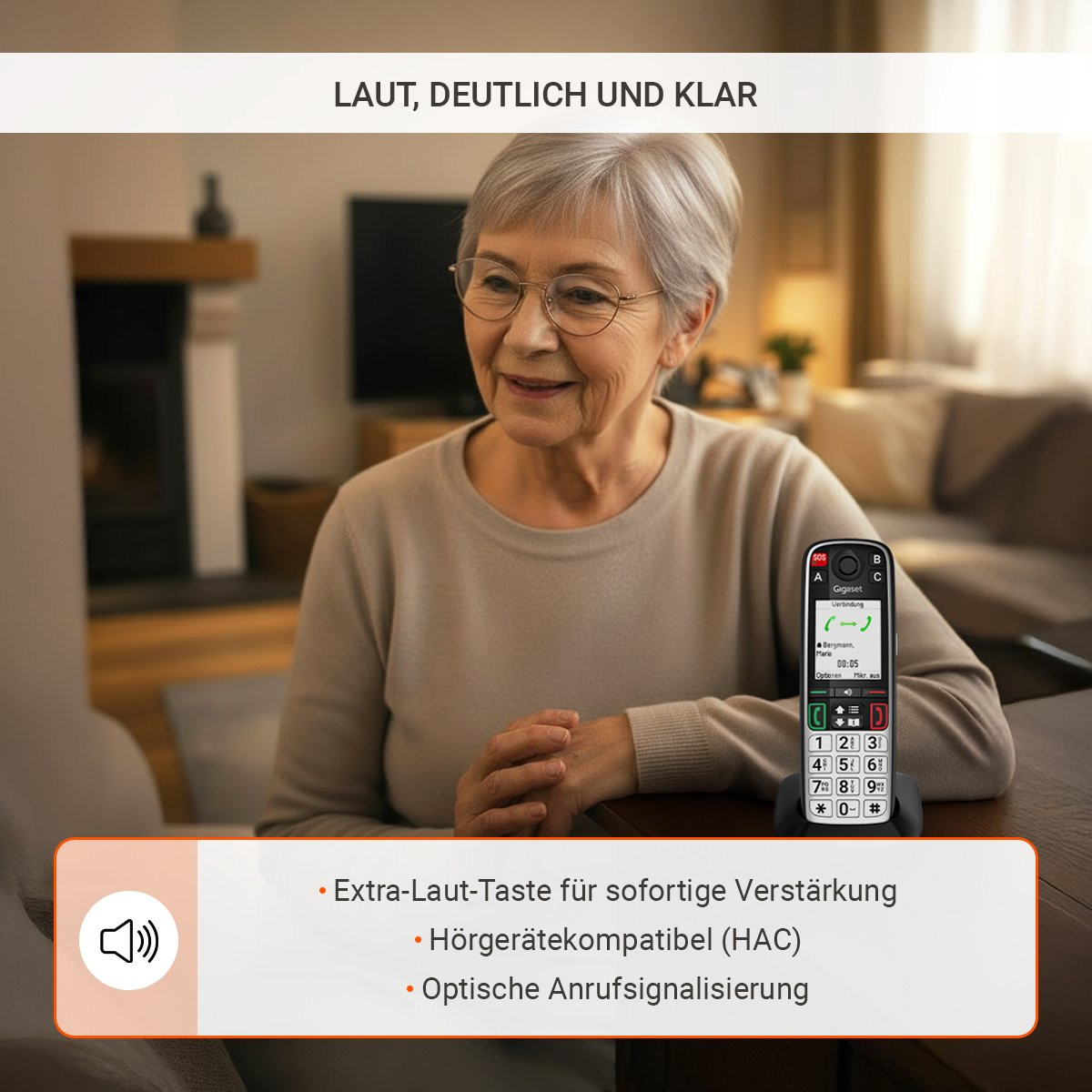 Gigaset EASY 500HX DECT-Seniorentelefon mit Freisprecheinrichtung Schwarz, Silber