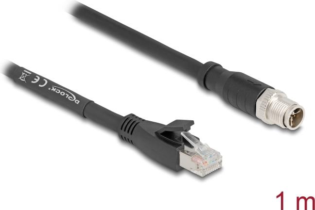 Delock M12 Kabel X-kodiert 8 Pin Stecker zu RJ45 Stecker Cat.5e S/FTP flexibel 1 m schwarz (80577)