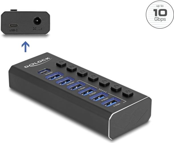 Delock 7 Port USB Hub mit 3 Ports 10 Gbps und 4 Schnellladeports 5 Schalter (64326)