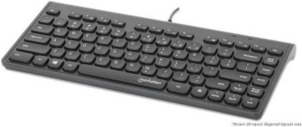 MANHATTAN Kabelgebundene Slim USB Mini-Tastatur 12 Multimedia-/Funktionstasten, integriertes 1,5 m langes USB-A-Kabel, kompaktes, flaches Format, für PC und Laptop, schwarz (180702)