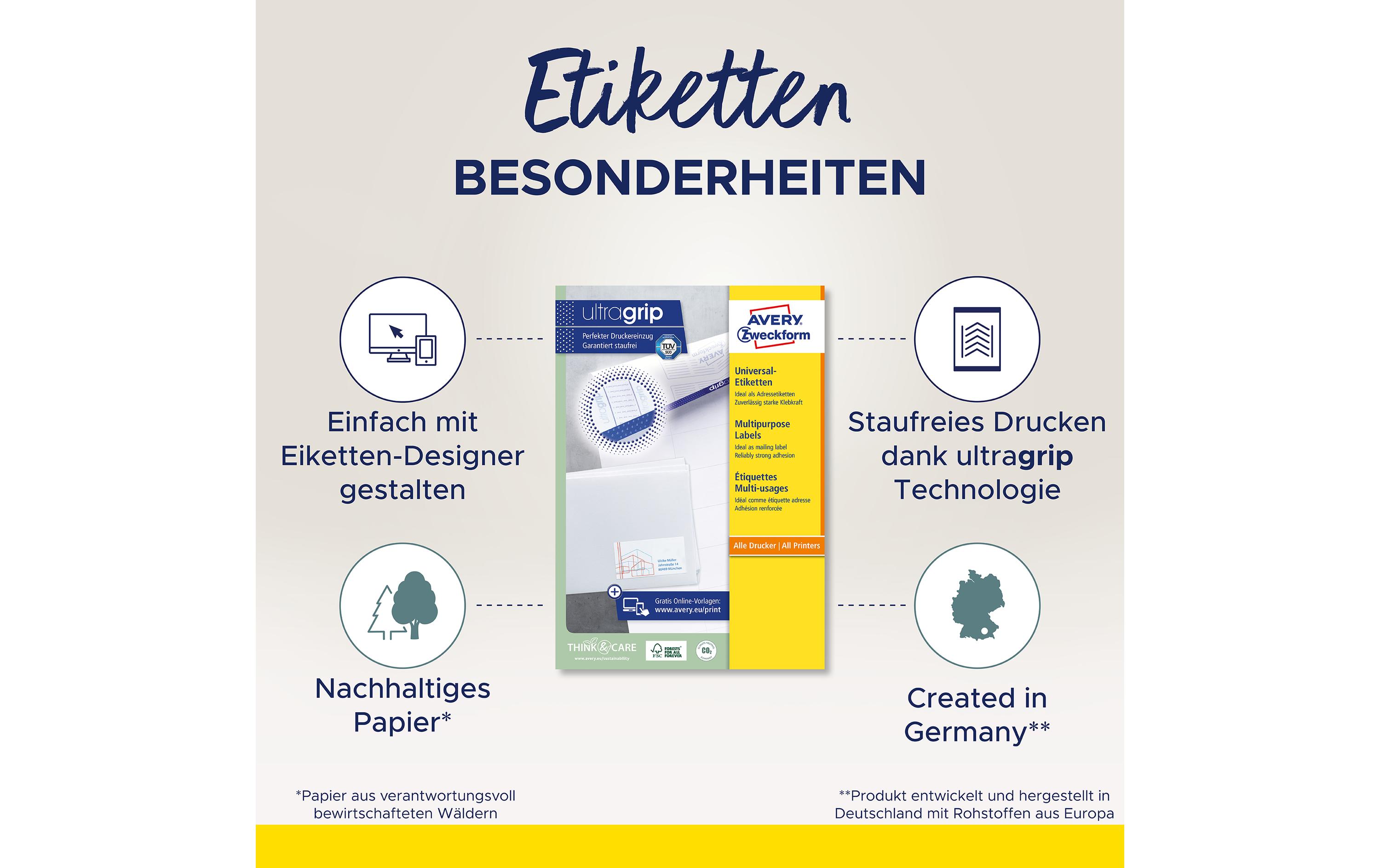 Avery Zweckform 3481-10 Selbstklebende Druckeretiketten 70 x 41 mm A4 Permanent Weiß