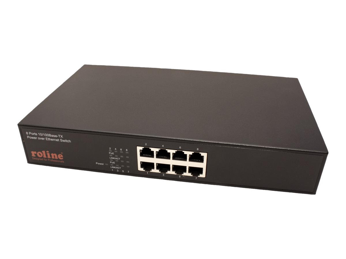 ROLINE PoE Fast Ethernet Switch, 8 Port, 130 W, 19" Einbau, Schwarz