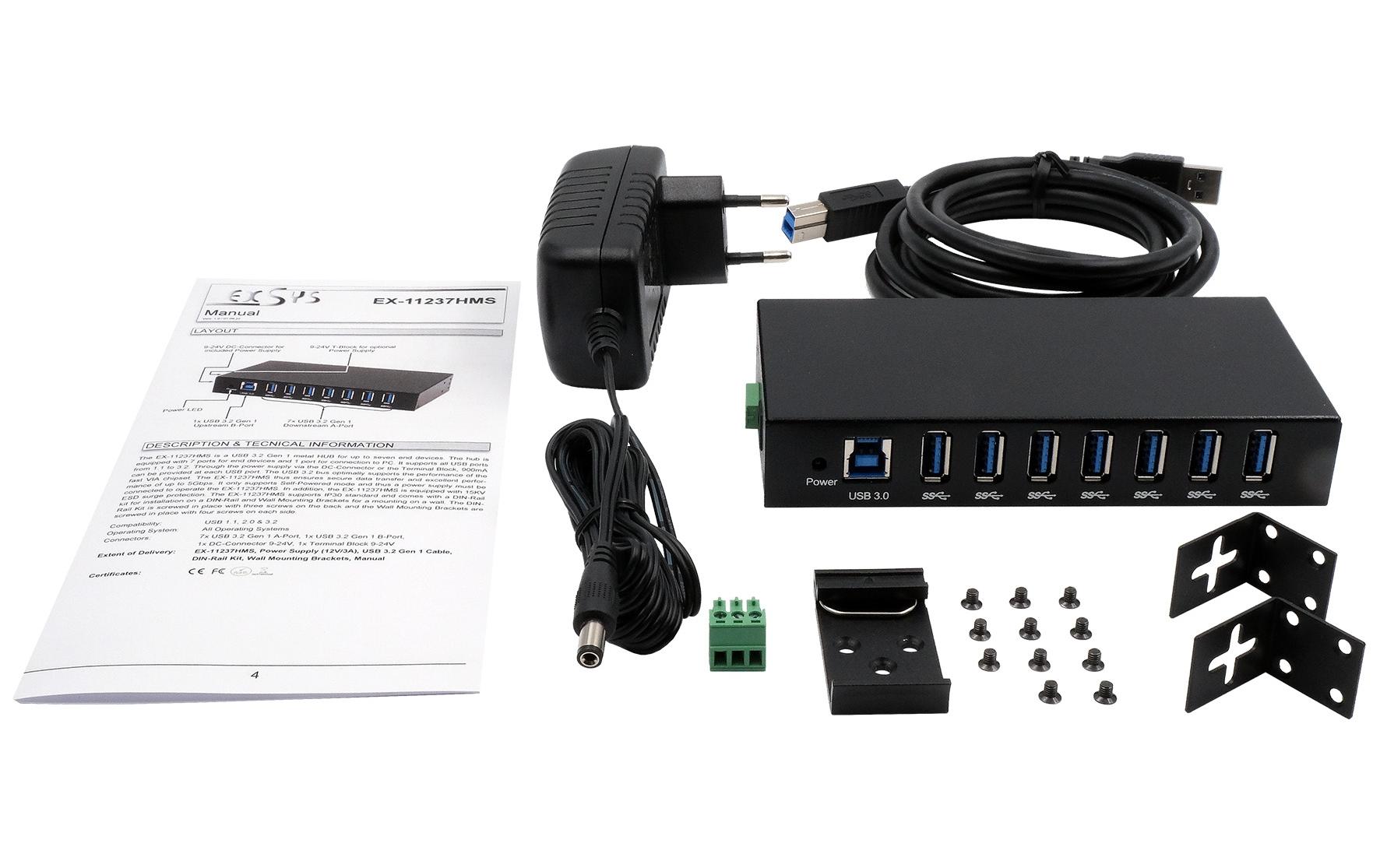 Exsys EX-11237HMS 7-Port USB 3.2 Gen 1 Metall-Hub Schwarz
