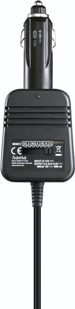 Hama Netzteil für Kfz, einstellbar, 1000mA, 12W, max. 12V, stabilis., 8 Adapter (00223401)