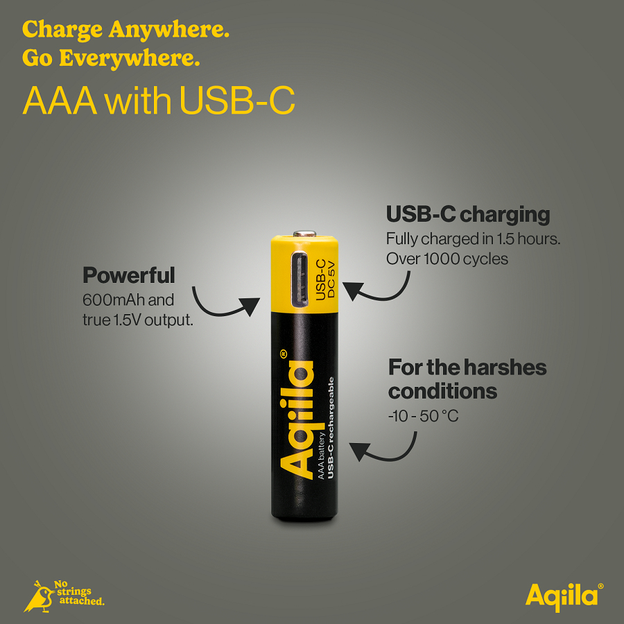 AQIILA AQ60AAA374C4 AAA Akku 600 mAh 1.5 V USB-C Schwarz, Gelb