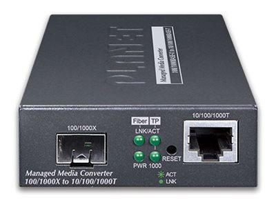 Planet GT-915A Medienkonverter, 1GbE, 10/100/1000Base-T zu 100/1000Base-X, RJ-45/SFP, Web-Management, Schwarz
