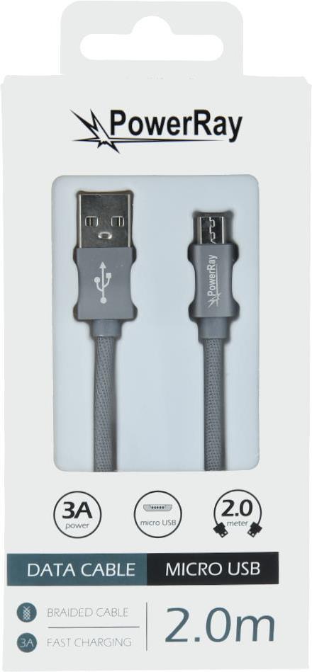 PowerRay Data Cable PR-DCUM200TGY, USB / MICRO USB, 2.0 m, Textile grey, Blister (PR-DCUM200TGY)